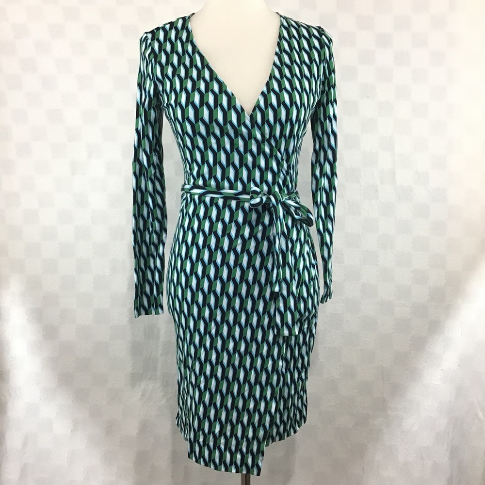 Diane von Furstenberg Target Green Geometric Wrap Dress Long Sleeve Small